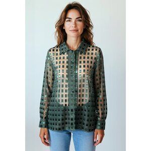 NEW Notations Green Elegant Party Top Sheer Blouse Womens XL Long Sleeve Button